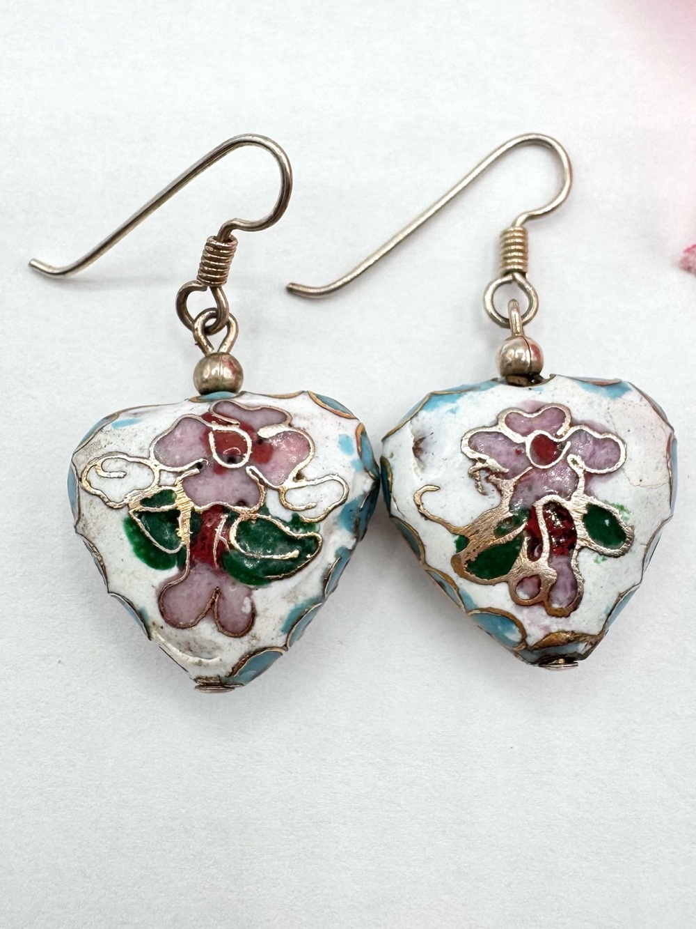 Vintage Cloisonné White Puffy Heart Dangle Earrings Floral Cottagecore Enamel
